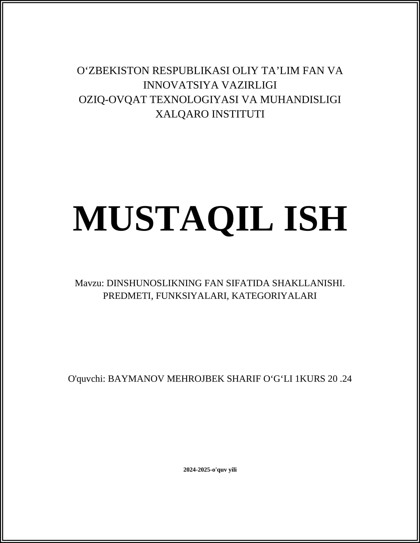 DINSHUNOSLIKNING FAN SIFATIDA SHAKLLANISHI. PREDMETI, FUNKSIYALARI, KATEGORIYALARI
