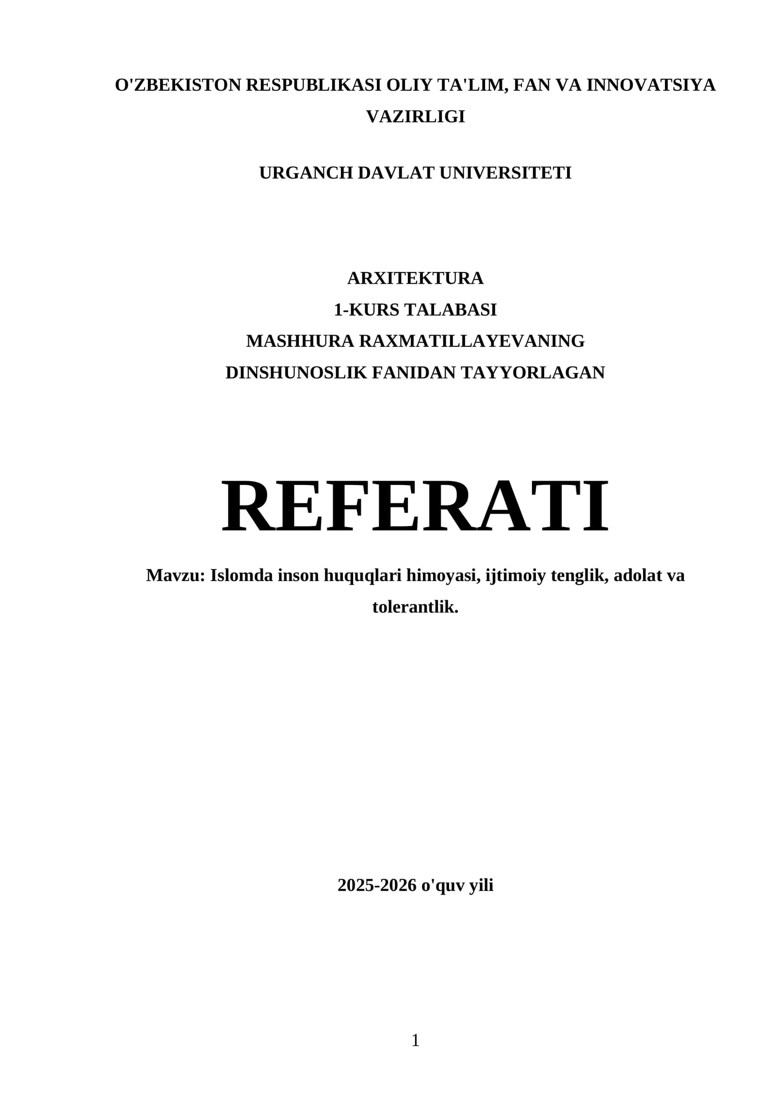 Mashhura Raxmatillayevaning dinshunoslik fani referati