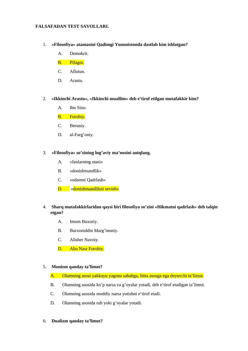 FALSAFADAN TEST SAVOLLARI