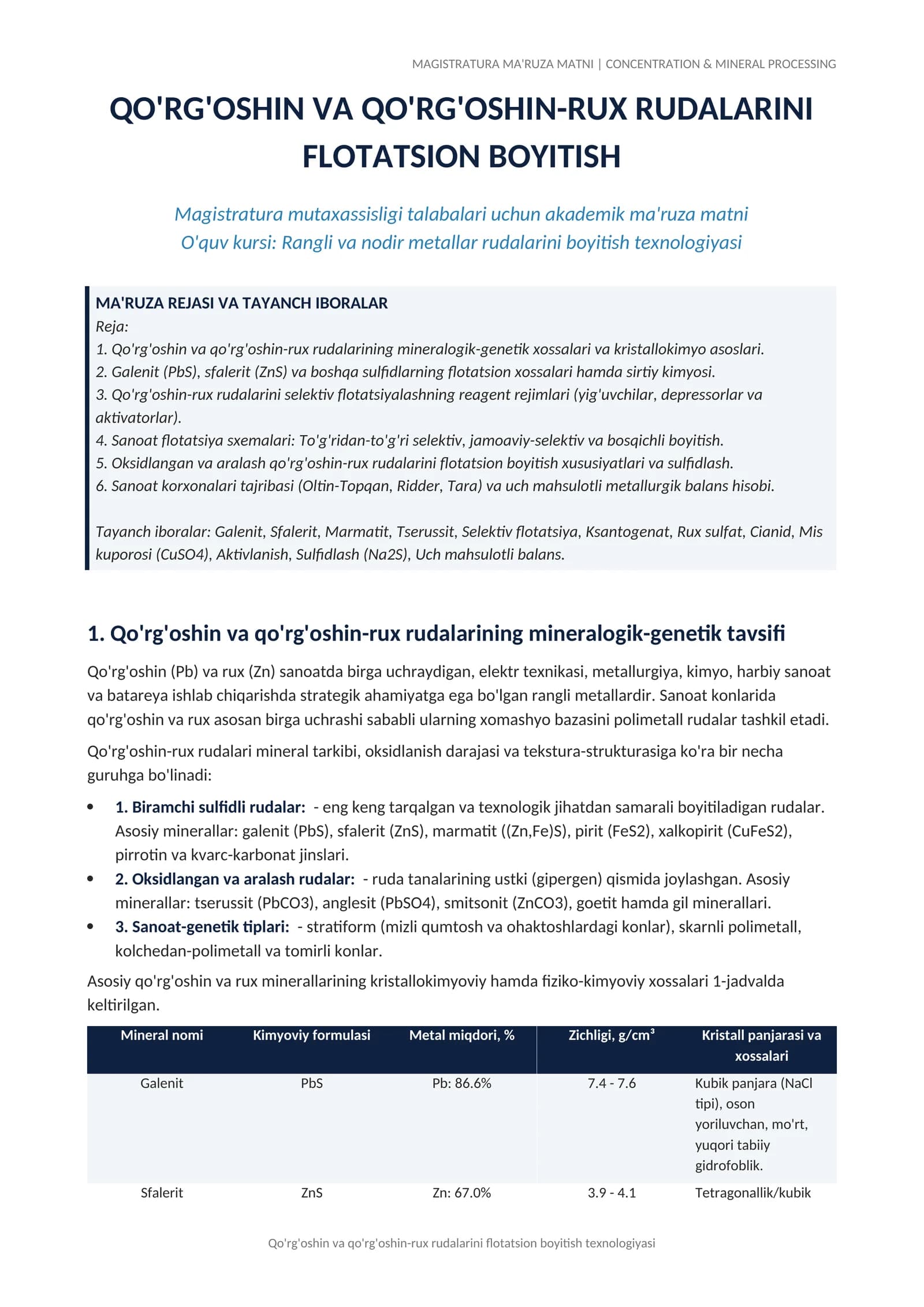 MAGISTRATURA MA'RUZA MATNI | CONCENTRATION & MINERAL PROCESSING