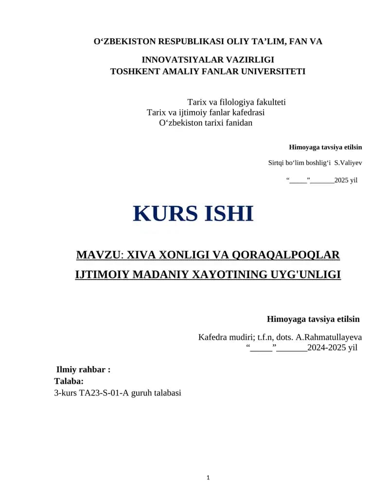 XIVA XONLIGI VA QORAQALPOQLAR IJTIMOIY MADANIY XAYOTINING UYG'UNLIGI