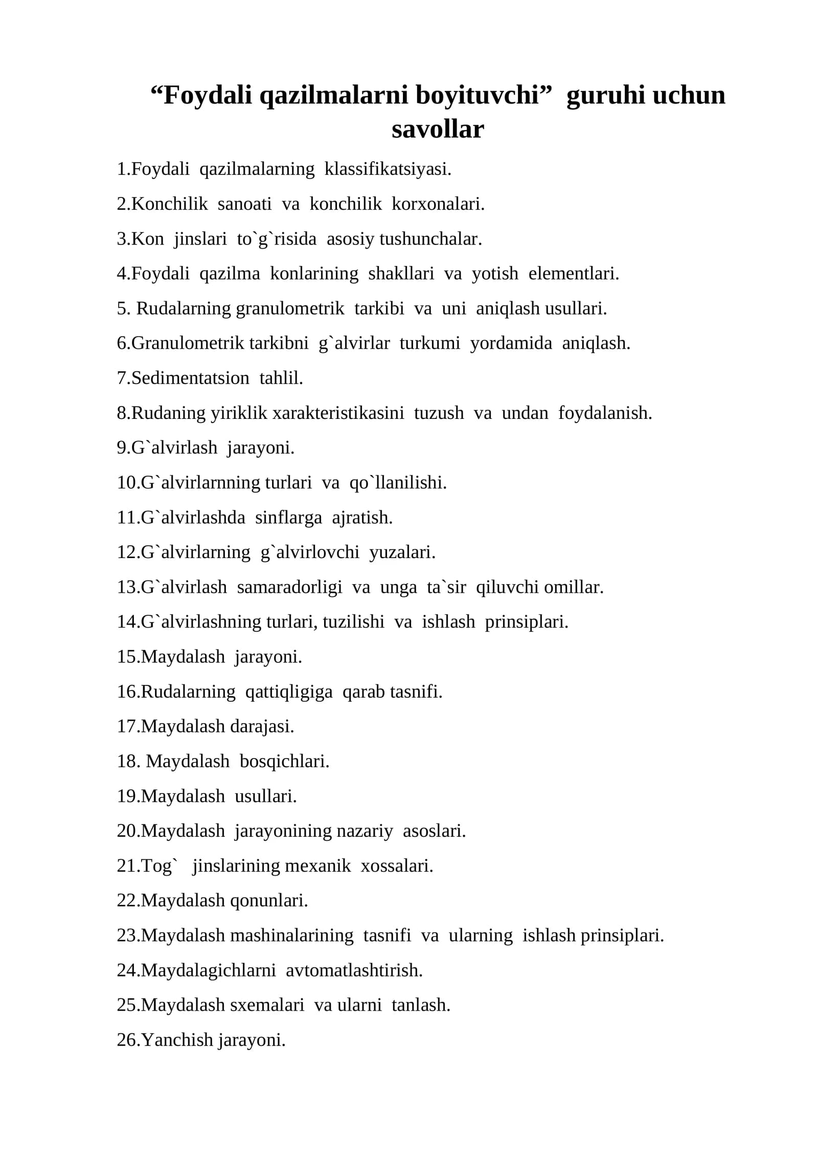Foydali qazilmalarning granulometrik tarkibi va maydalashi