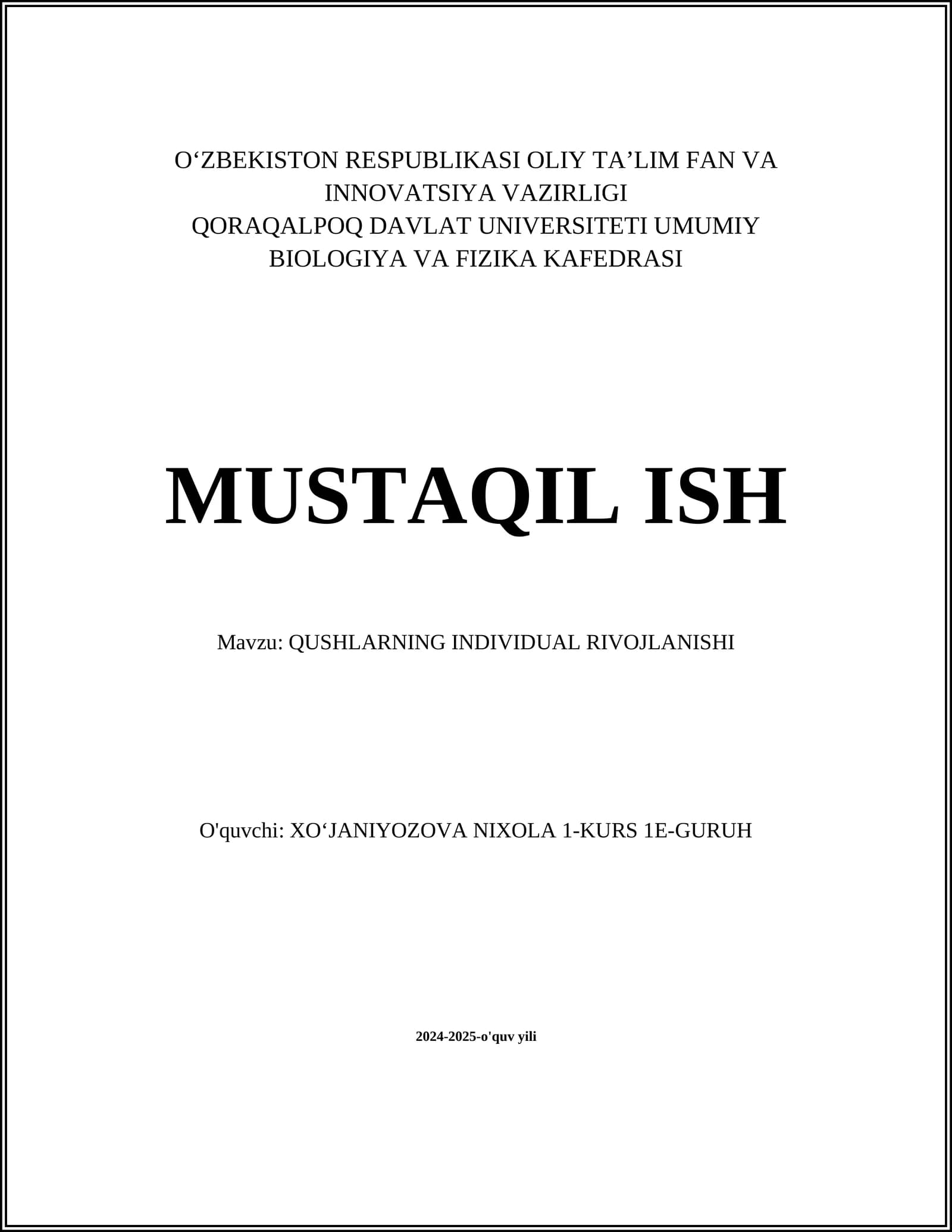 QUSHLARNING INDIVIDUAL RIVOJLANISHI