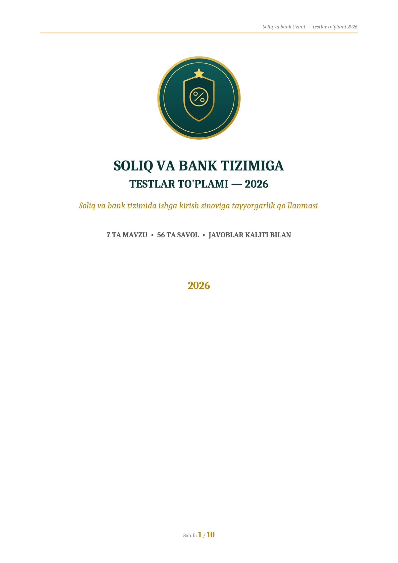 soliq va bank tizimi testlari