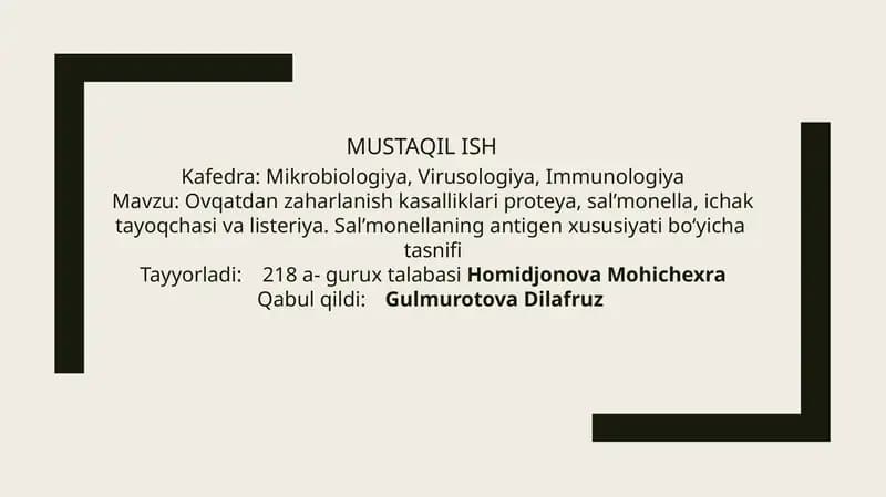 Ovqatdan zaharlanish kasalliklari proteya, sal’monella, ichak tayoqchasi va listeriya