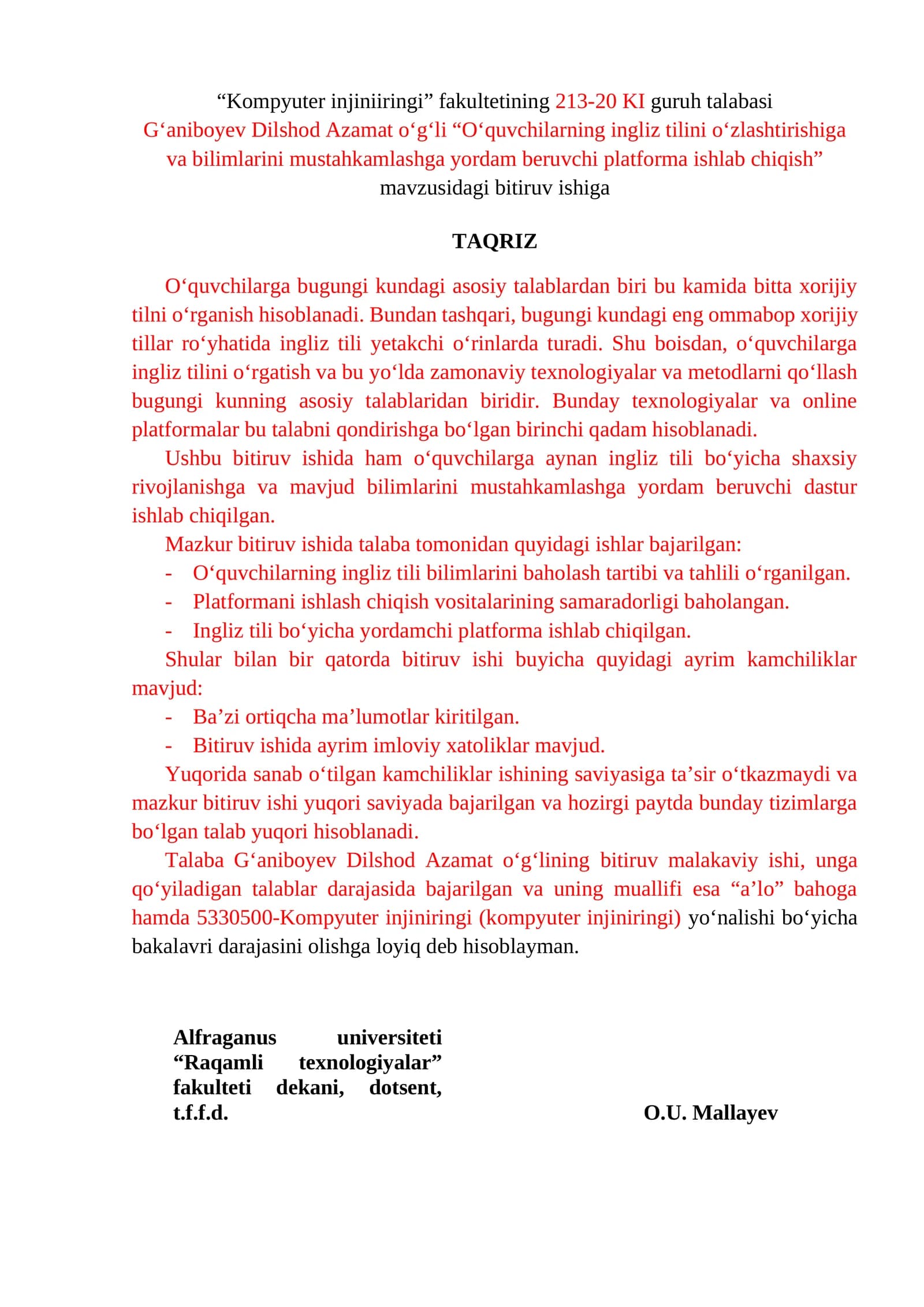 O‘quvchilarning ingliz tilini o‘zlashtirishiga va bilimlarini mustahkamlashga yordam beruvchi platforma ishlab chiqish