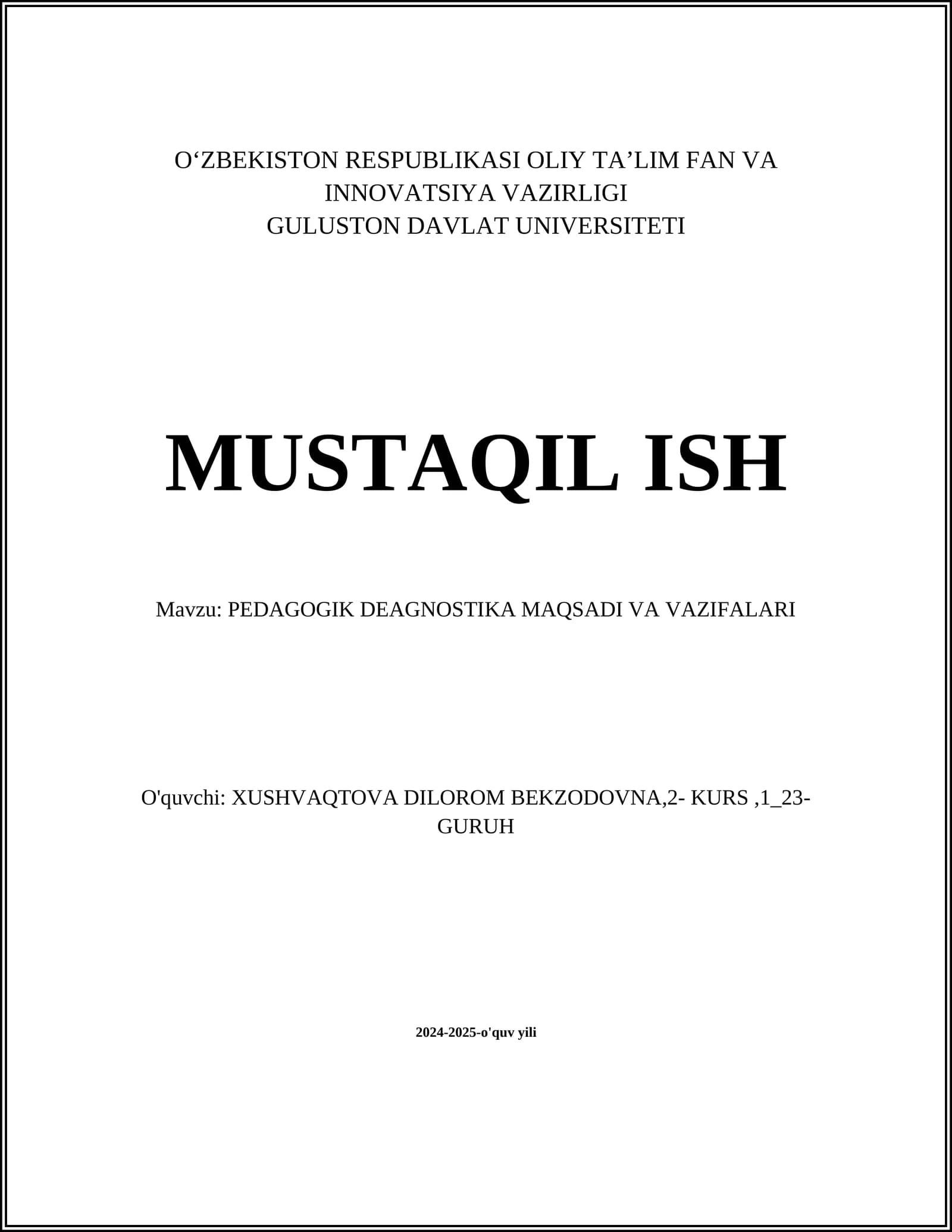 PEDAGOGIK DEAGNOSTIKA MAQSADI VA VAZIFALARI
