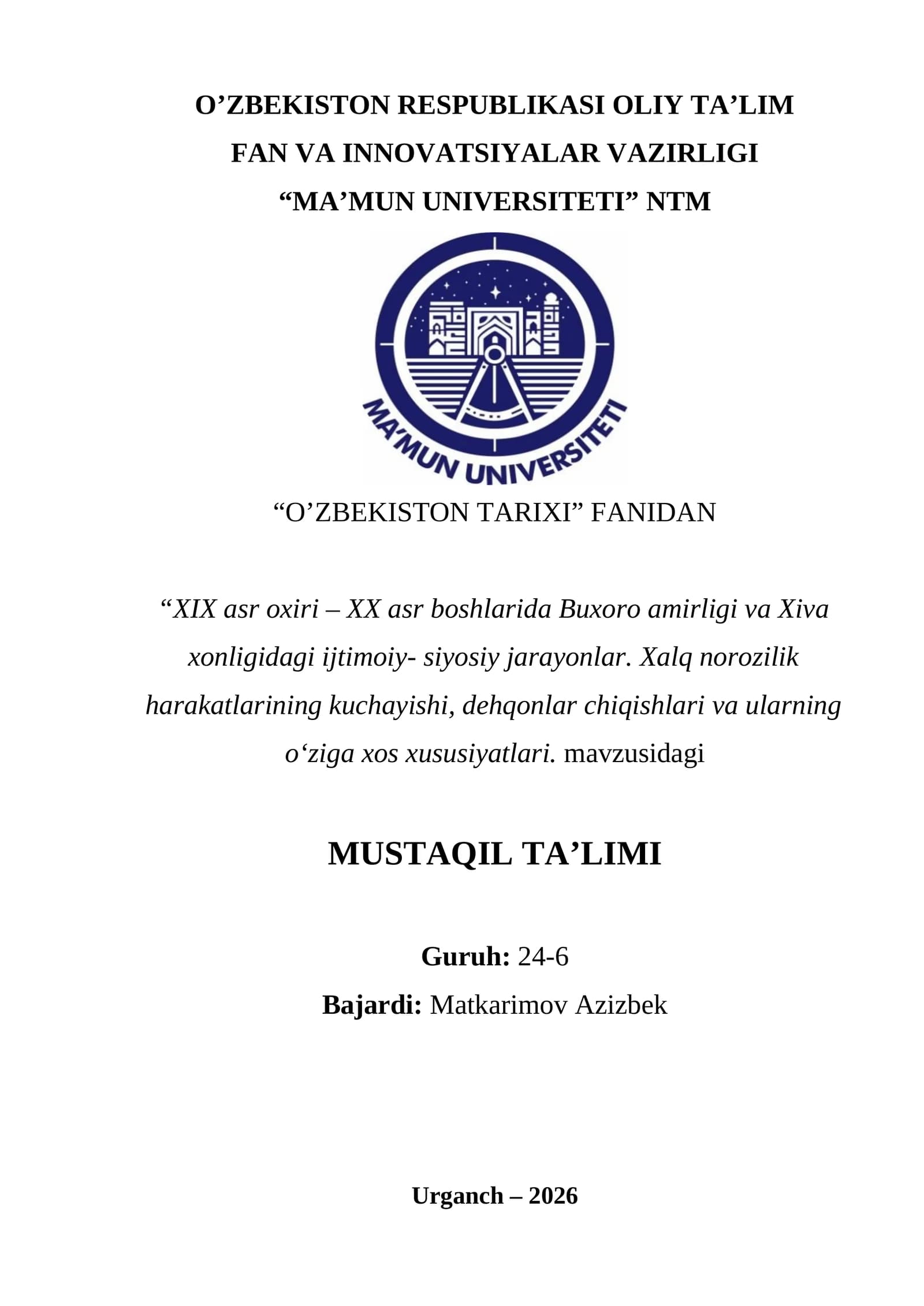 XIX asr oxiri – XX asr boshlarida Buxoro amirligi va Xiva xonligidagi ijtimoiy- siyosiy jarayonlar