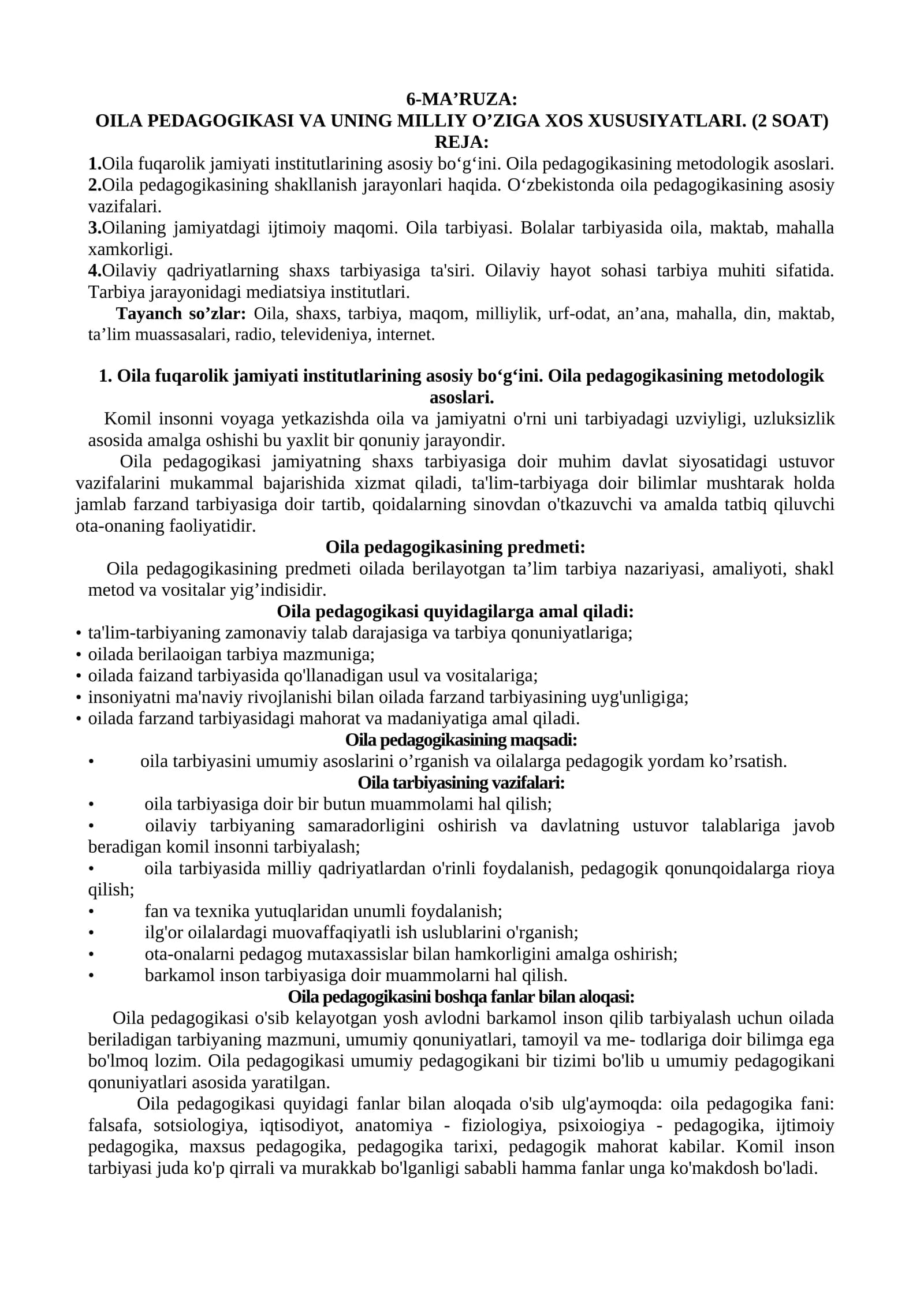 OILA PEDAGOGIKASI VA UNING MILLIY O’ZIGA XOS XUSUSIYATLARI