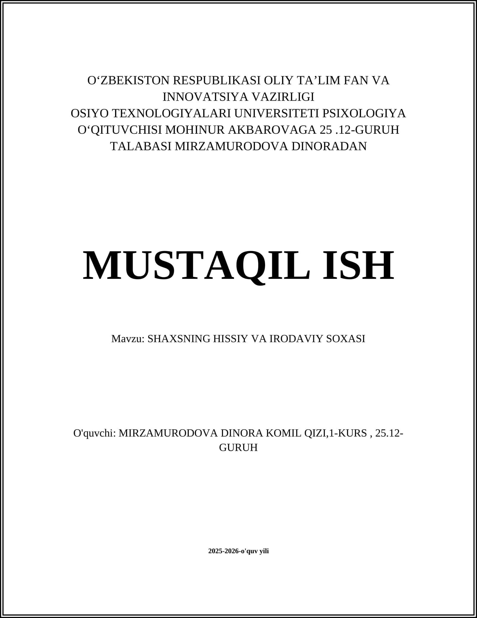 SHAXSNING HISSIY VA IRODAVIY SOXASI