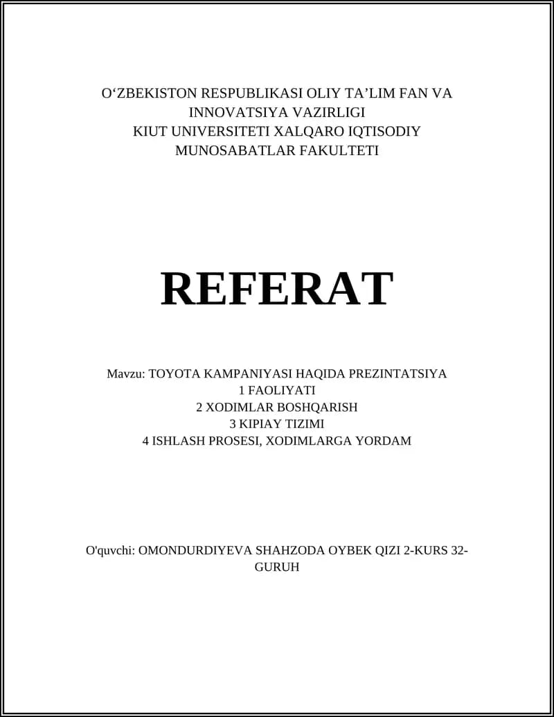 REFERAT Mavzu: TOYOTA KAMPANIYASI HAQIDA PREZINTATSIYA