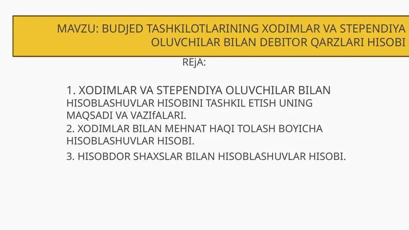 BUDJED TASHKILOTLARINING XODIMLAR VA STEPENDIYA OLUVCHILAR BILAN DEBITOR QARZLARI HISOBI
