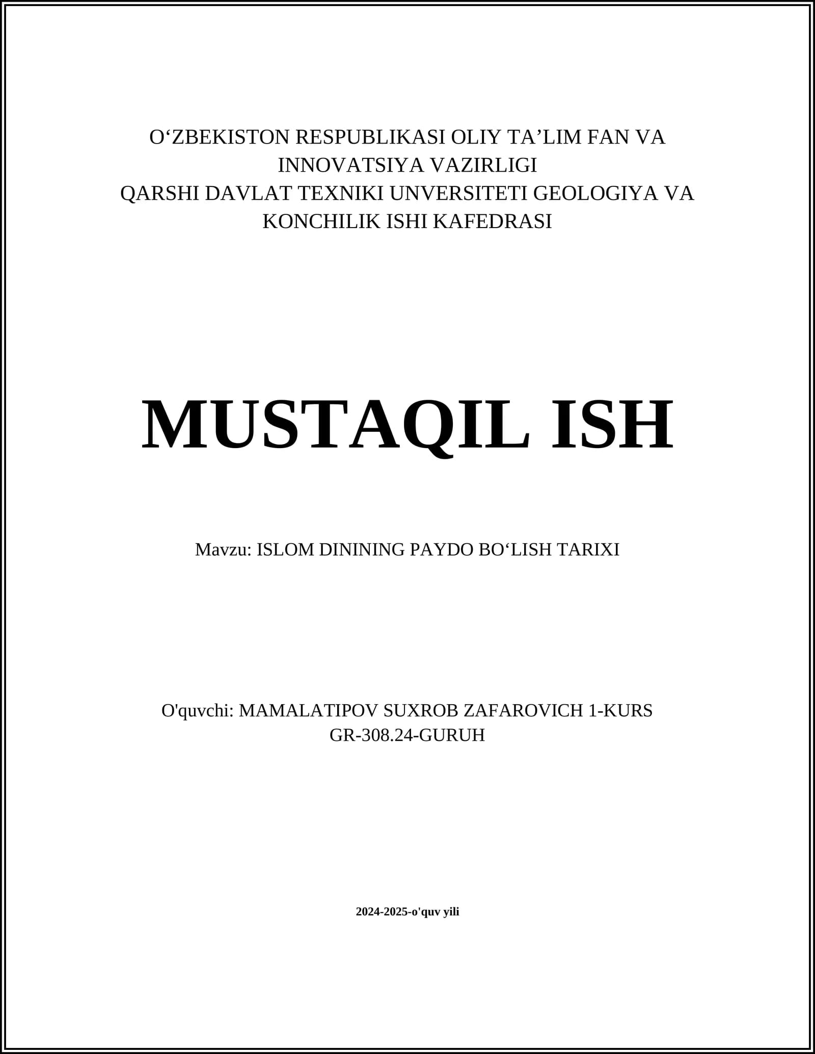 ISLOM DININING PAYDO BO‘LISH TARIXI