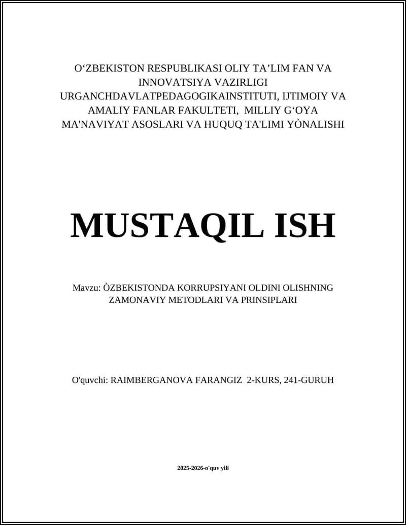 Korrupsiyani Oldini Olishning Zamonaviy Metodlari va Prinsiplari