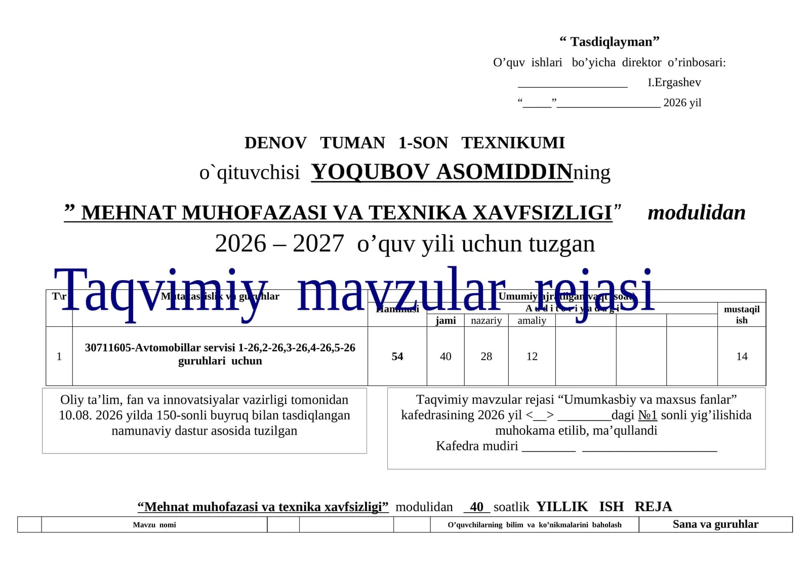 Mehnat muhofazasi va texnika xavfsizligi moduli taqvim rejasi (avtoservis)