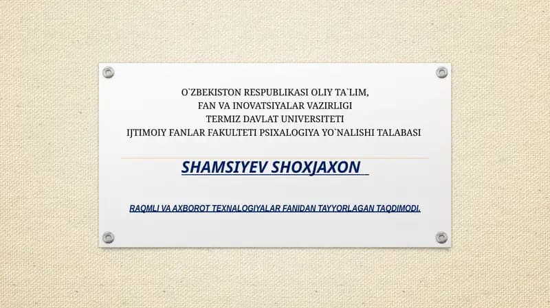 Raqamli Texnologiyalar Fanidagi Taqdimot