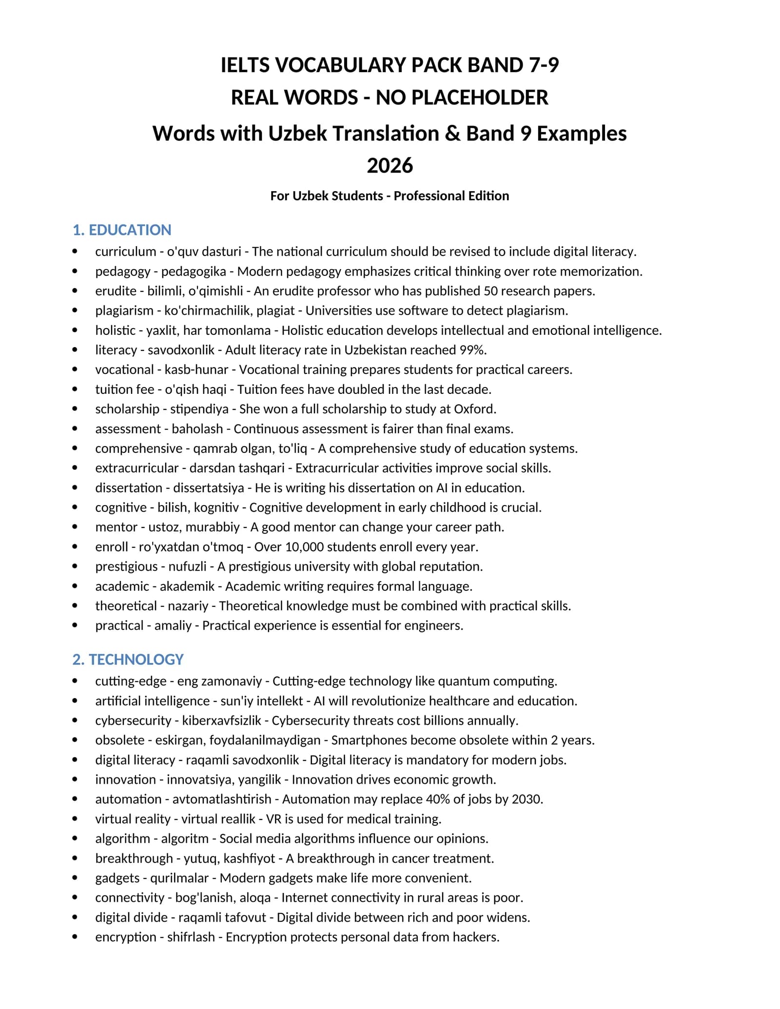 IELTS VOCABULARY PACK BAND 7-9 + Uzbekcha Tarjima bilan