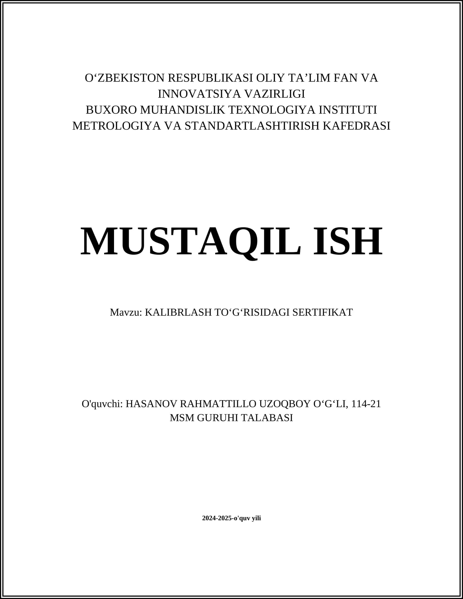 KALIBRLASH TOʻGʻRISIDAGI SERTIFIKAT