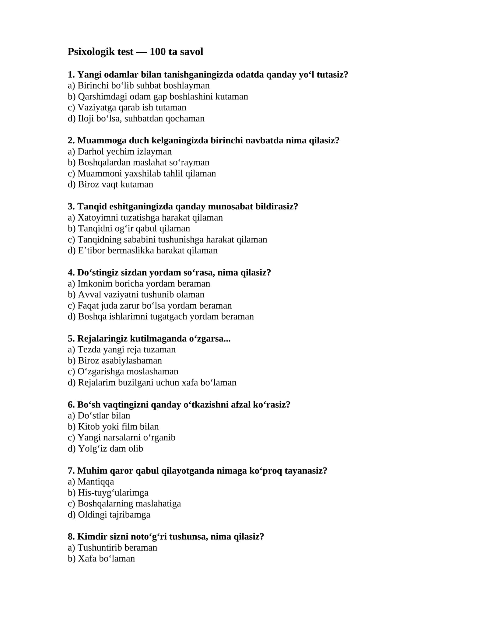 100 ta Psixologik Test – Shaxsiyat va Xarakter Testlari