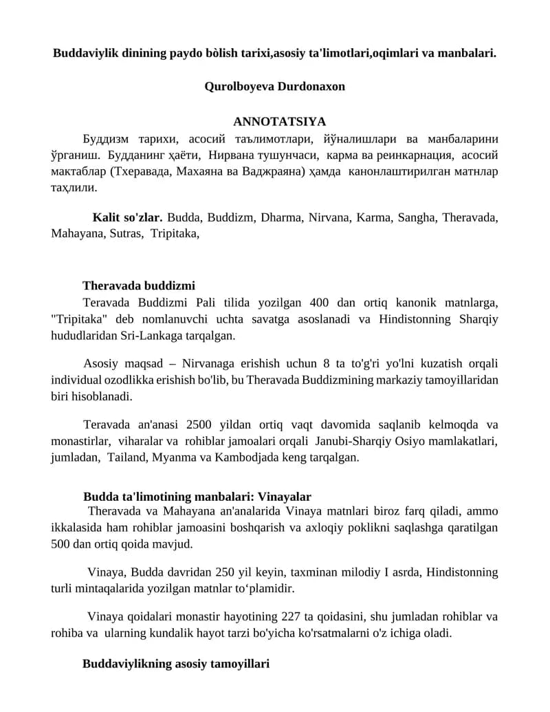 Buddaviylik dinining paydo bòlish tarixi,asosiy ta'limotlari,oqimlari va manbalari