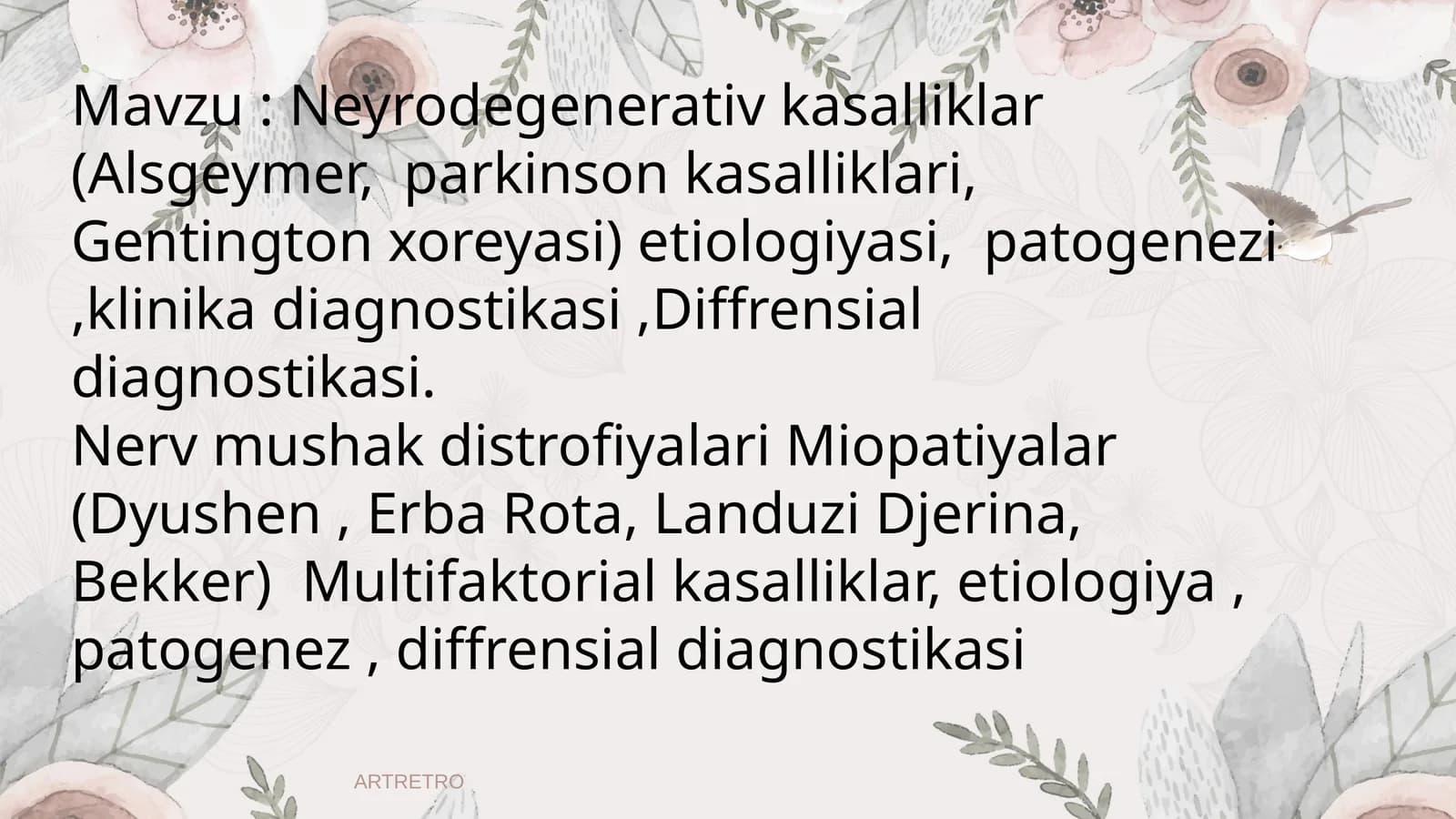 Neyrodegenerativ kasalliklar (Alsgeymer, parkinson kasalliklari, Gentington xoreyasi) etiologiyasi, patogenezi,klinika diagnostikasi,Diffrensial diagnostikasi