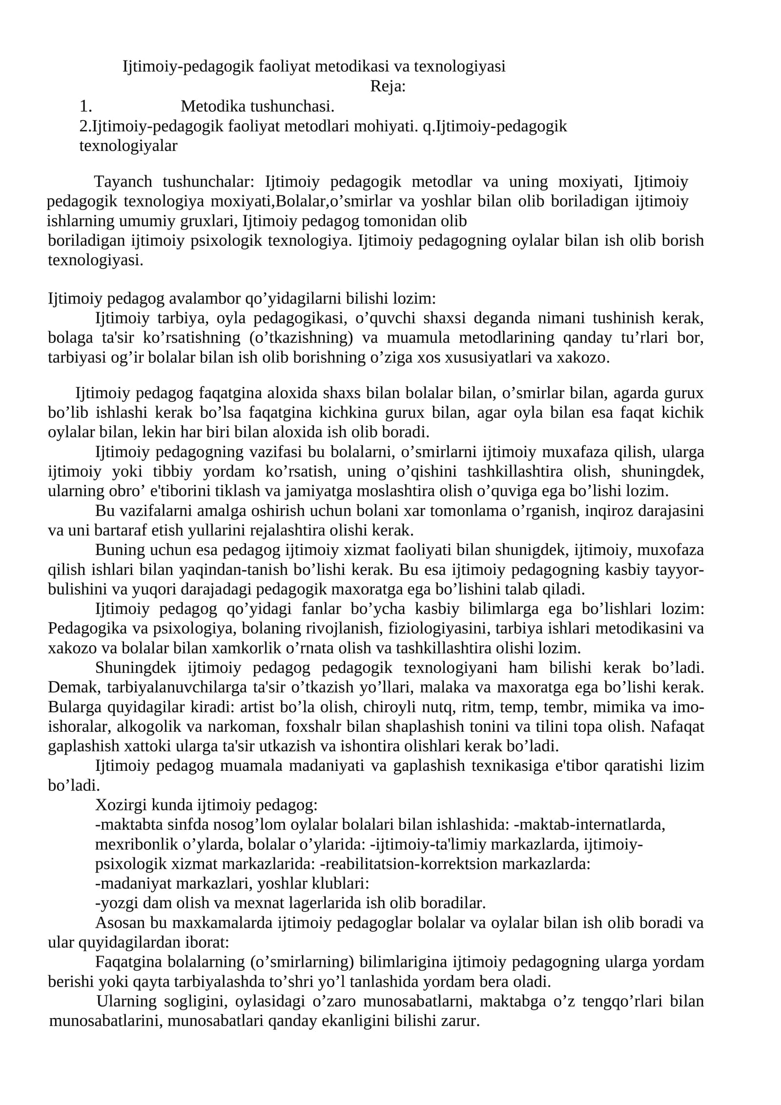Ijtimoiy-pedagogik faoliyat metodikasi va texnologiyasi
