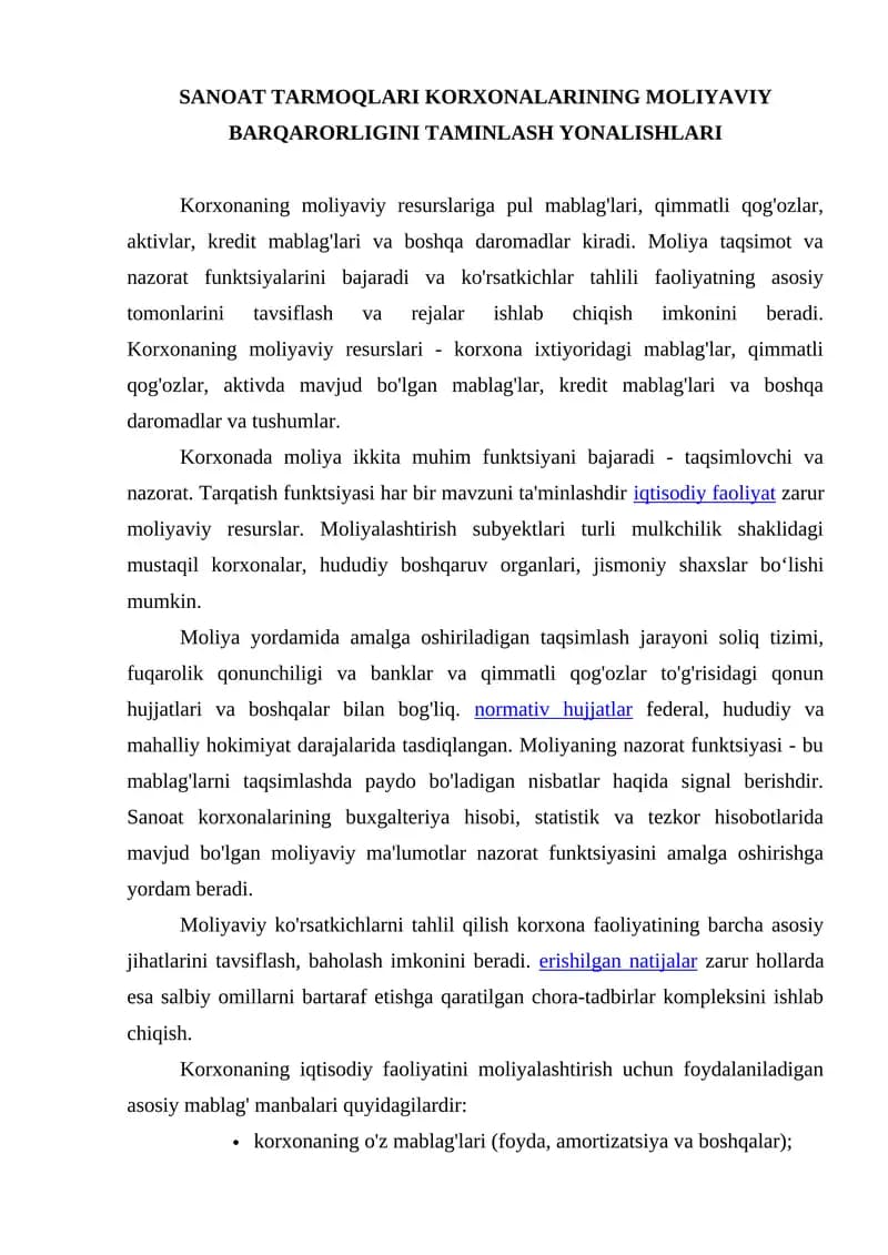 Sanoat tarmoqlari korxonalarining moliyaviy barqarorligini taminlash yonalishlari