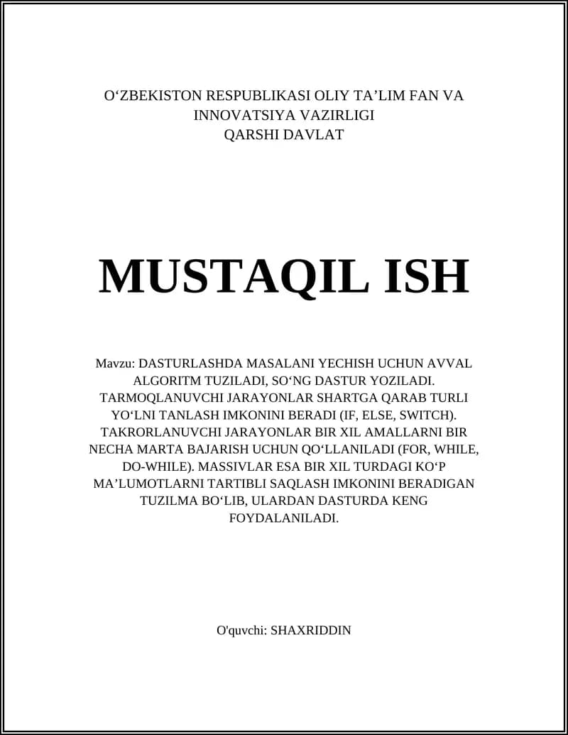 Algoritm tuzish bosqichlari va talablarni tahlil qilish