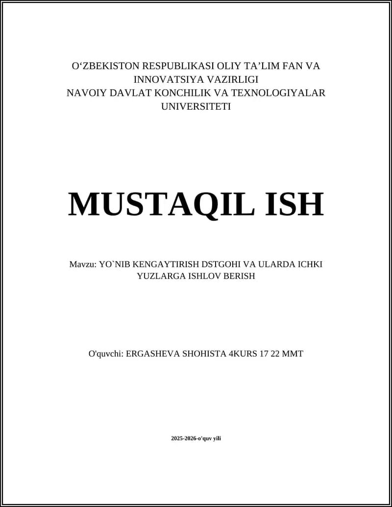 Yo‘nib kengaytirish dastgohi va ularda ichki yuzlarga ishlov berish