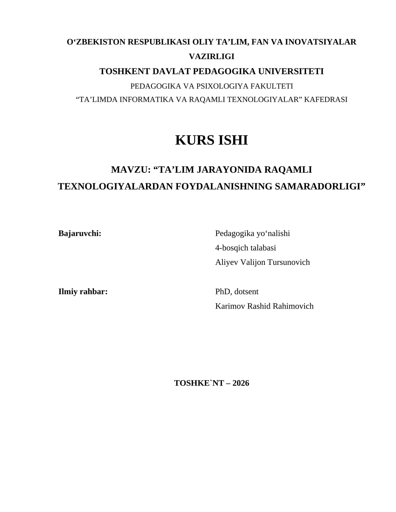 Talimda raqamli texnologiyalar kurs ishi