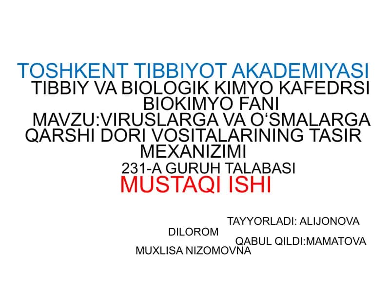 Viruslarga qarshi dori va oʻsmalarga qarshi dori vositalarining tasiri Mexanizimi