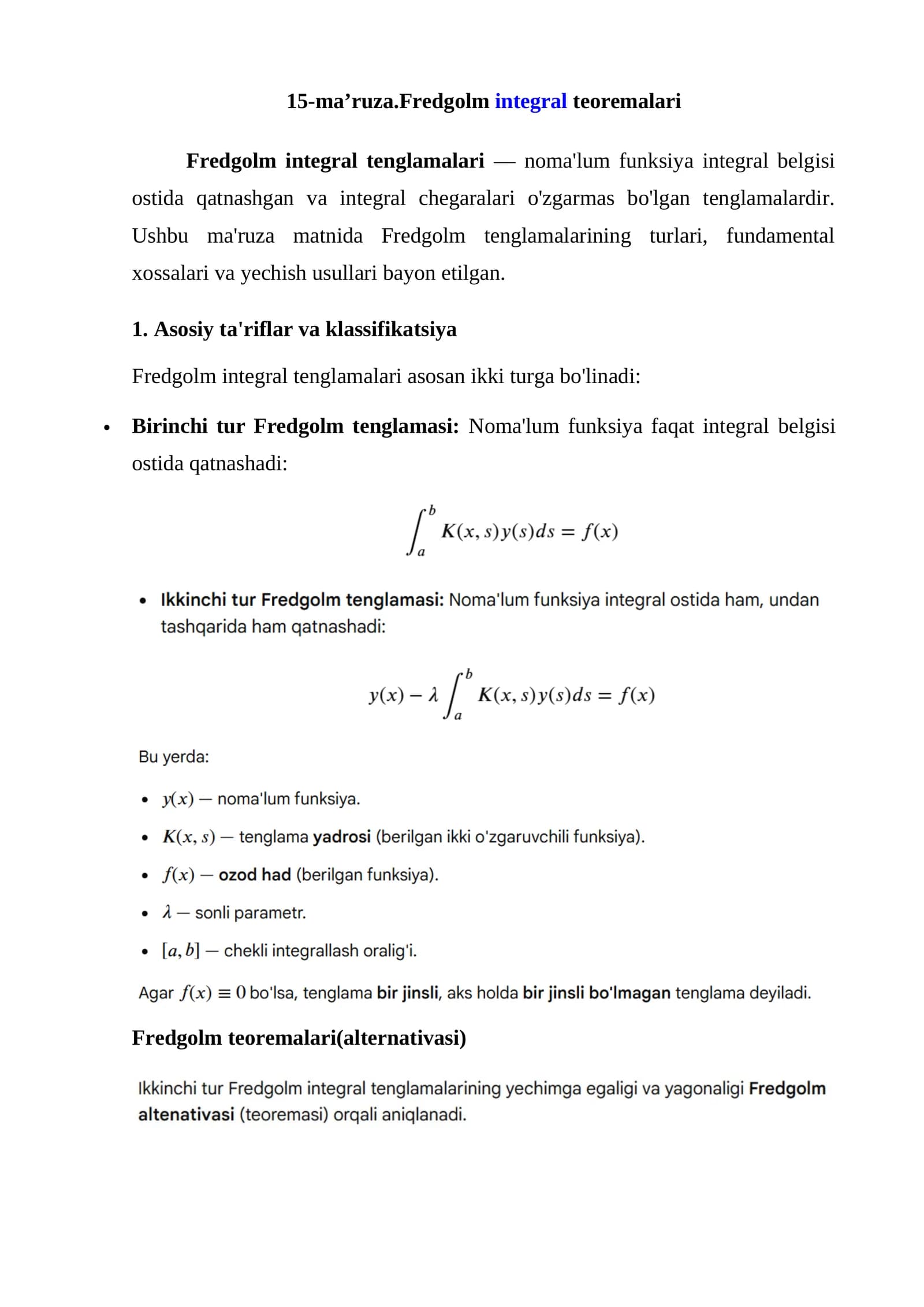 Fredgolm integral teoremalari