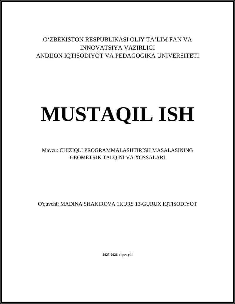 CHIZIQLI PROGRAMMALASHTIRISH MASALASINING GEOMETRIK TALQINI VA XOSSALARI