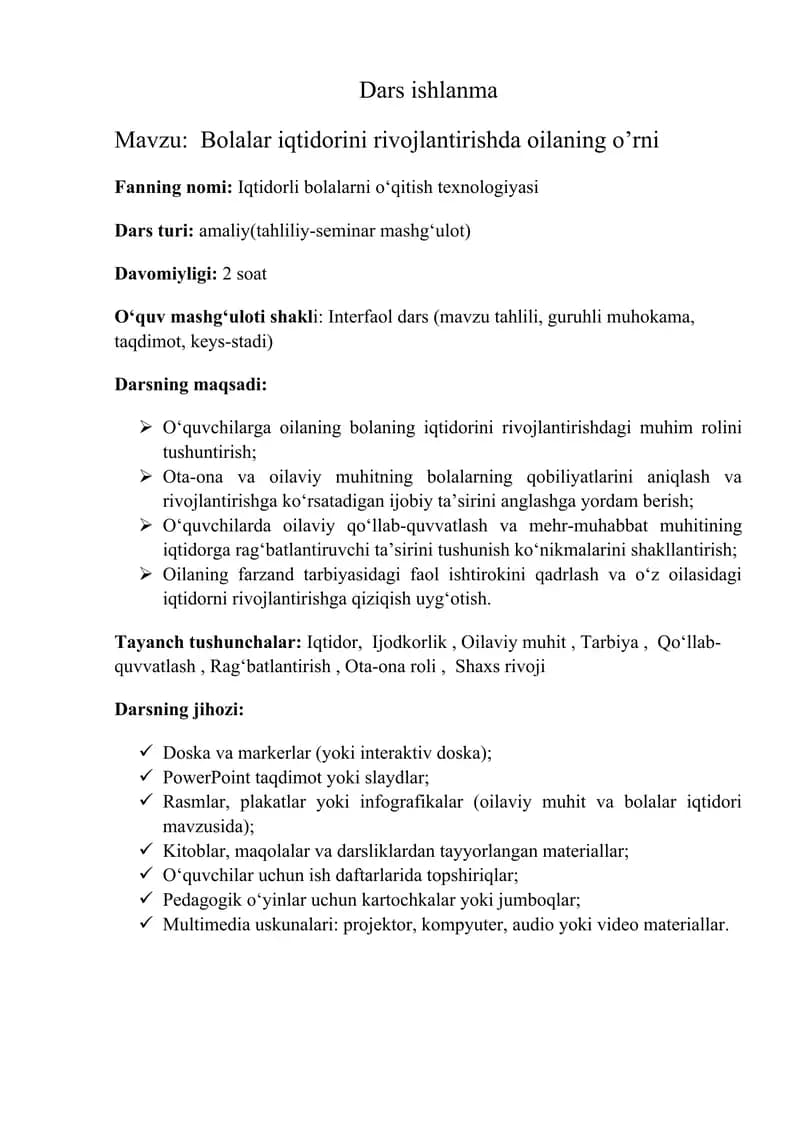 Bolalar iqtidorini rivojlantirishda oilaning o’rni