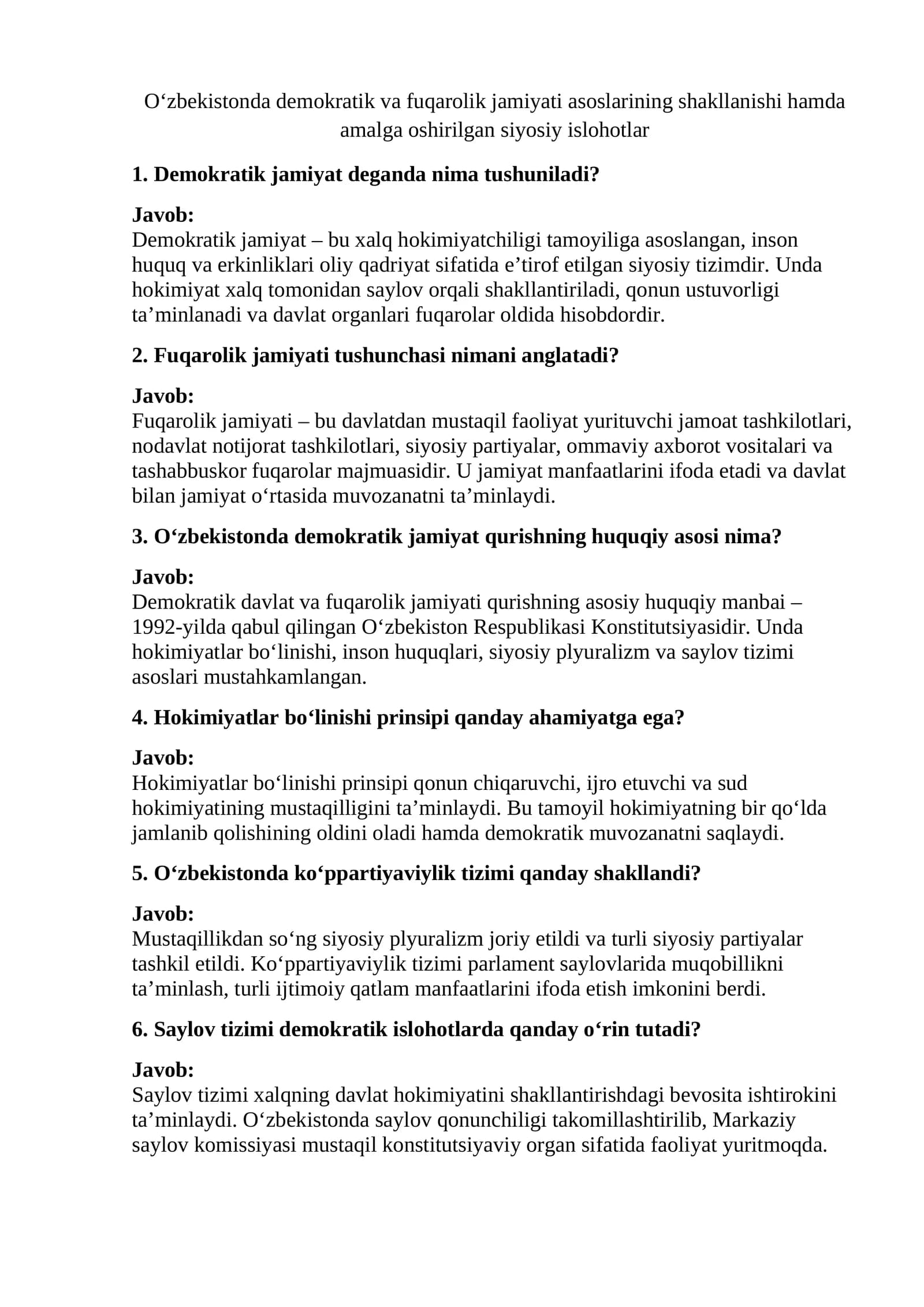 O‘zbekistonda demokratik va fuqarolik jamiyati asoslarining shakllanishi hamda amalga oshirilgan siyosiy islohotlar