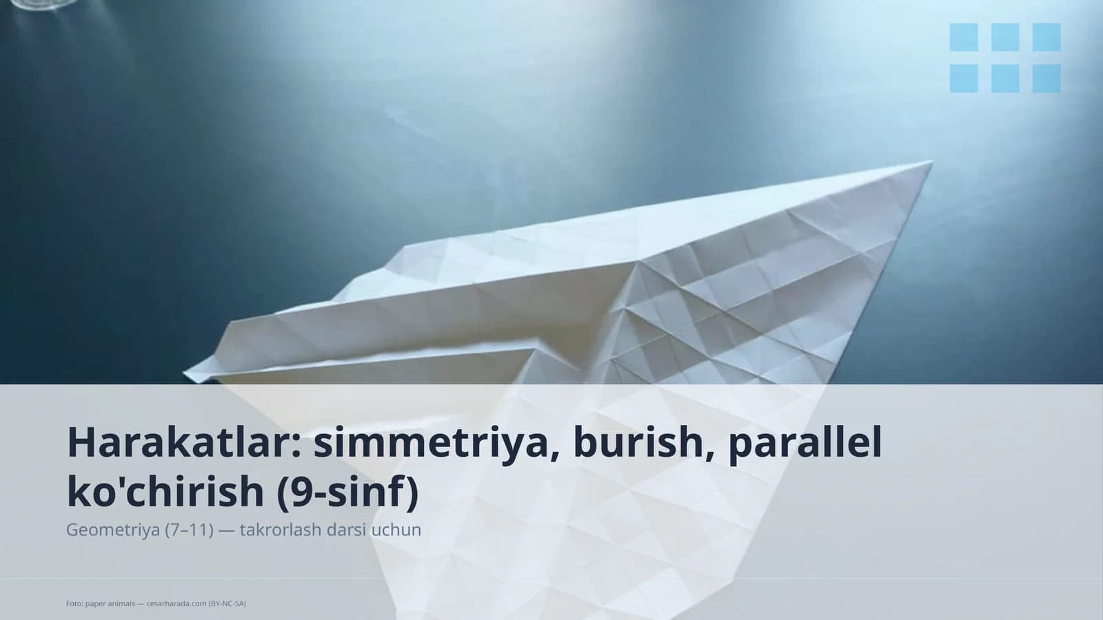 Harakatlar: simmetriya, burish, parallel ko'chirish (9-sinf)
