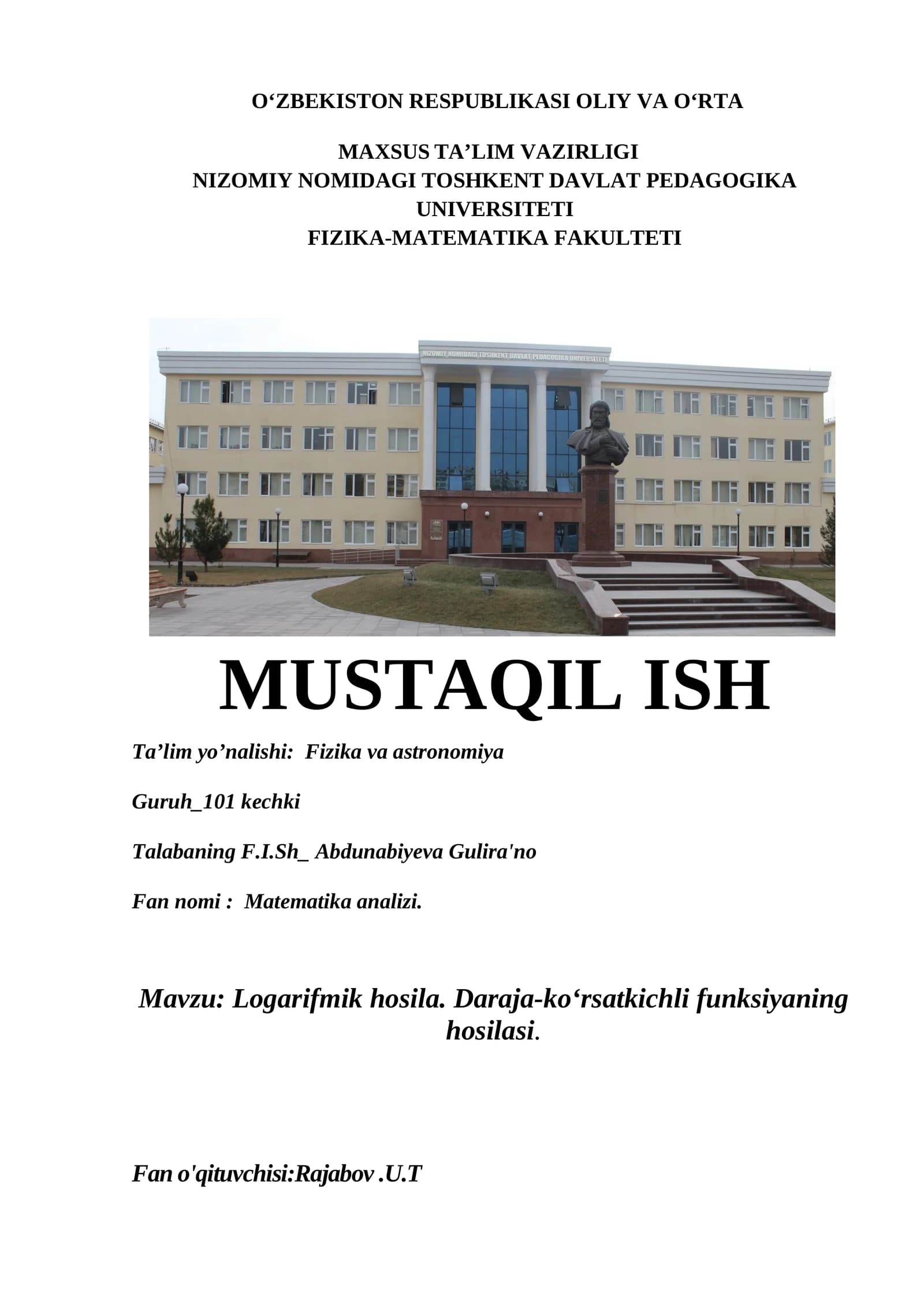 Matematika analizi - Logarifmik hosila