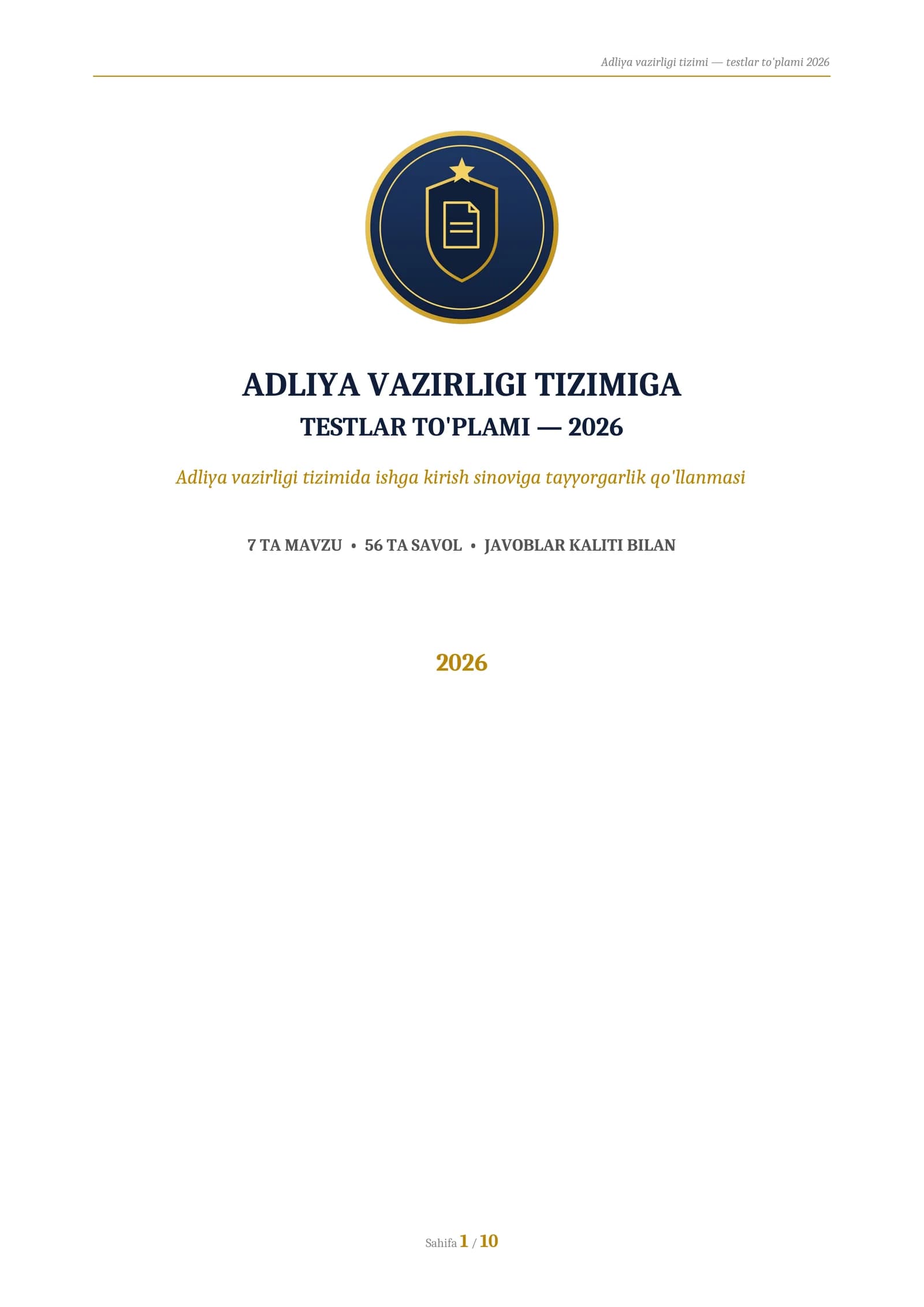 ADLIYA VAZIRLIGI TIZIMIGA
TESTLAR TO'PLAMI