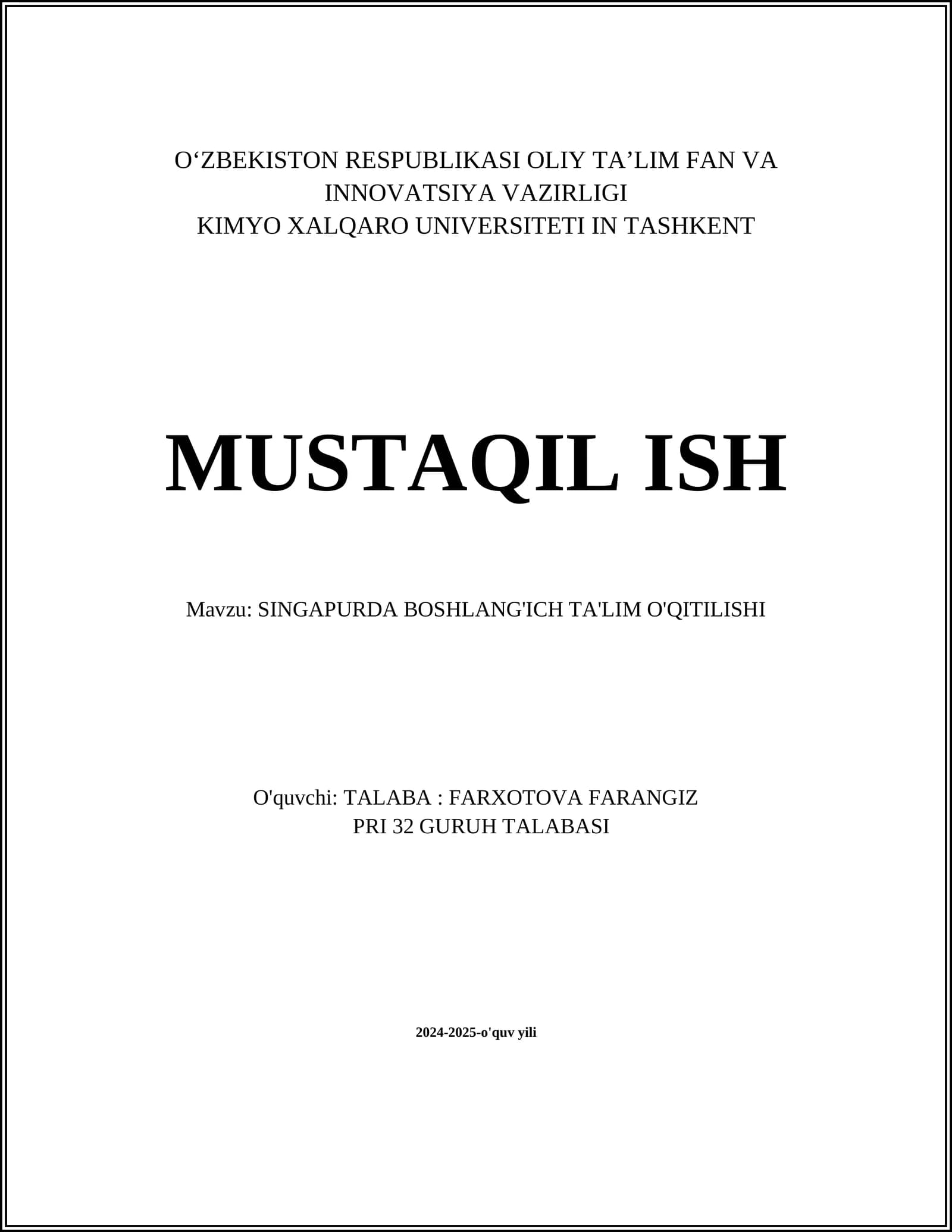 SINGAPURDA BOSHLANG'ICH TA'LIM O'QITILISHI
