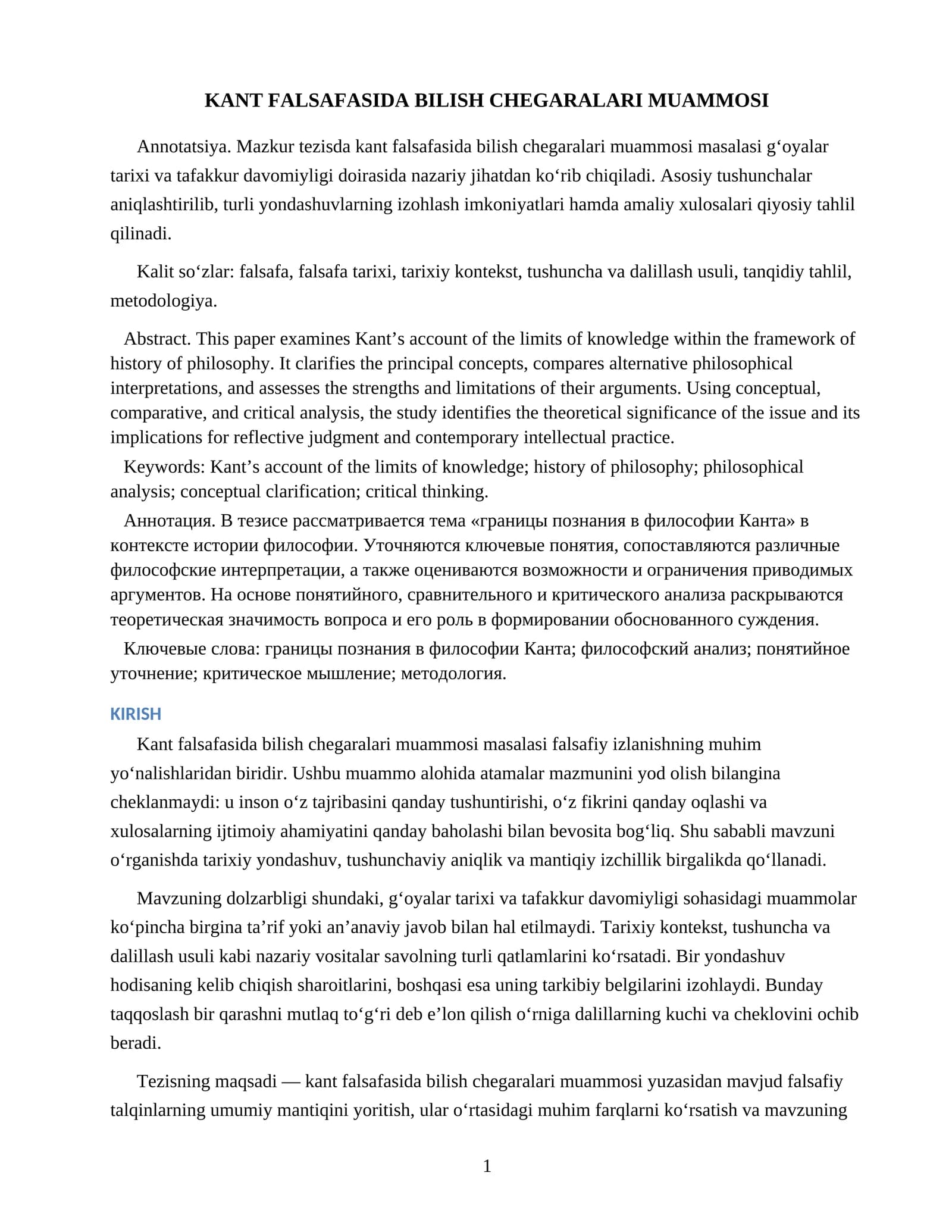 KANT FALSAFASIDA BILISH CHEGARALARI MUAMMOSI