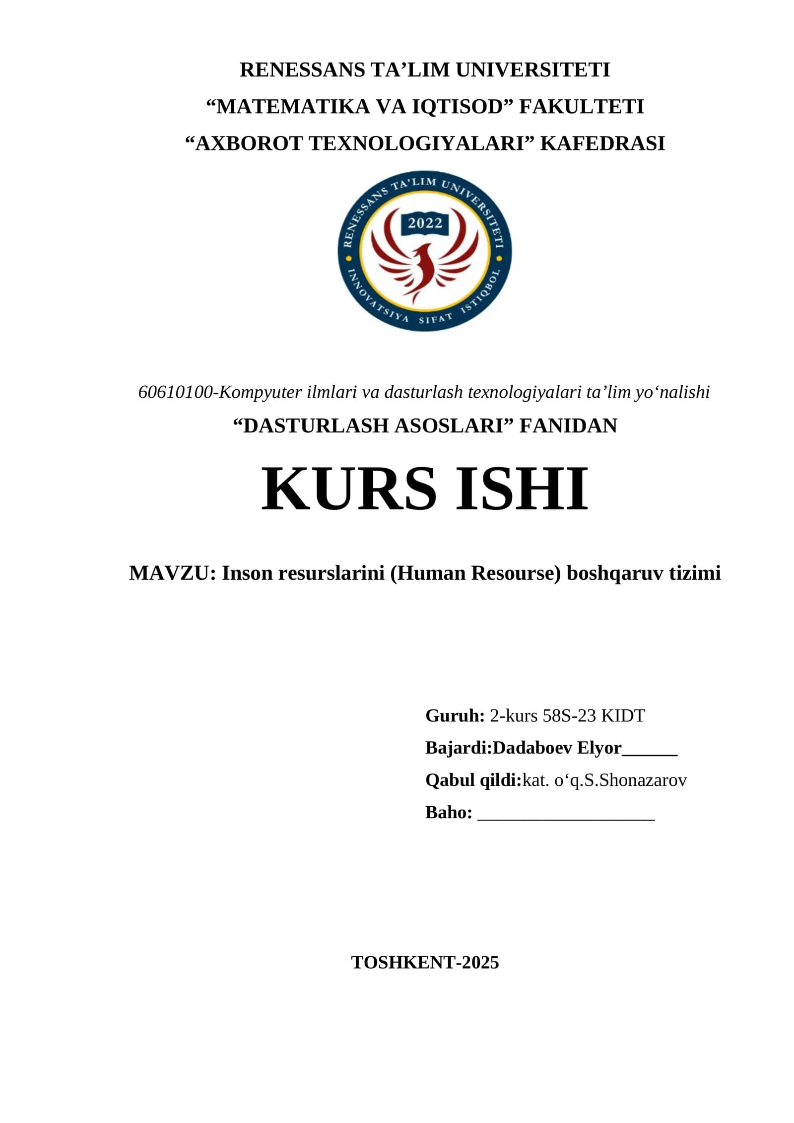 Inson resurslarini (Human Resourse) boshqaruv tizimi