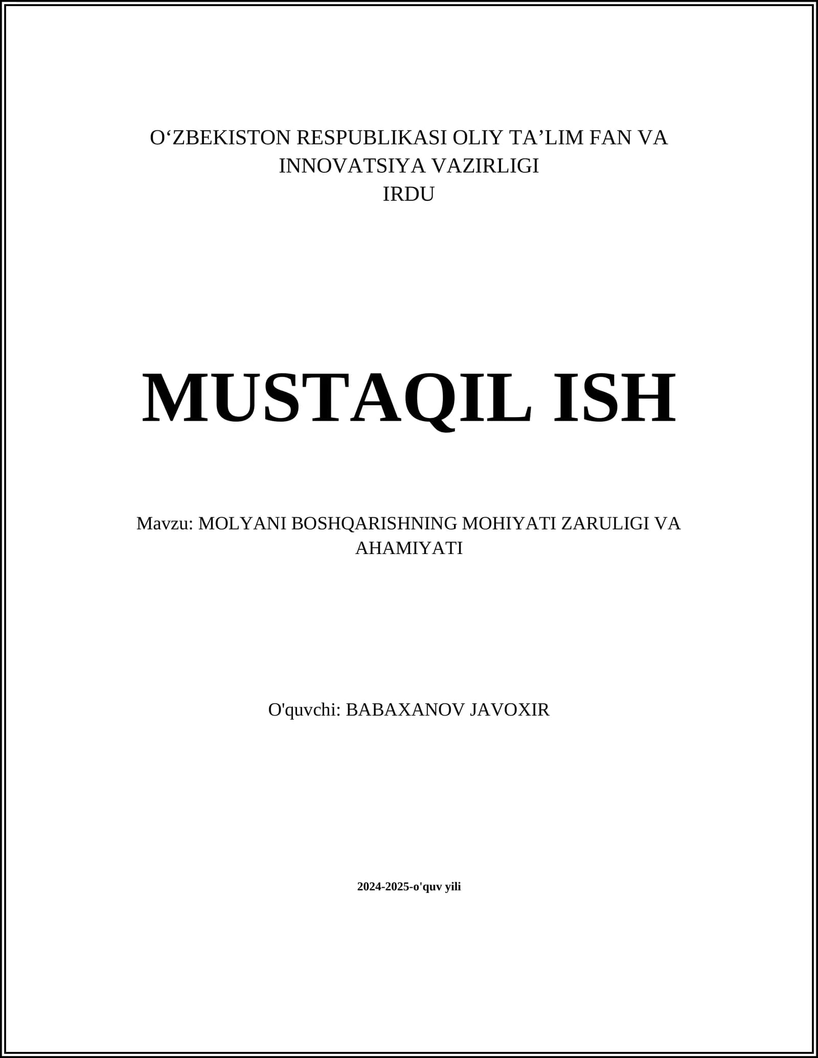 MOLYANI BOSHQARISHNING MOHIYATI ZARURIGI VA AHAMIYATI