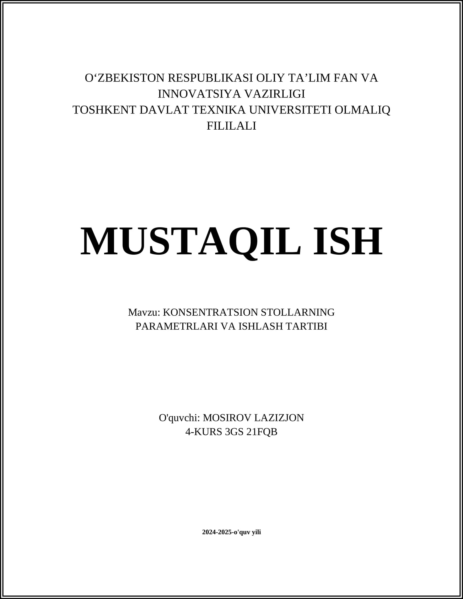 KONSENTRATSION STOLLARNING PARAMETRLARI VA ISHLASH TARTIBI