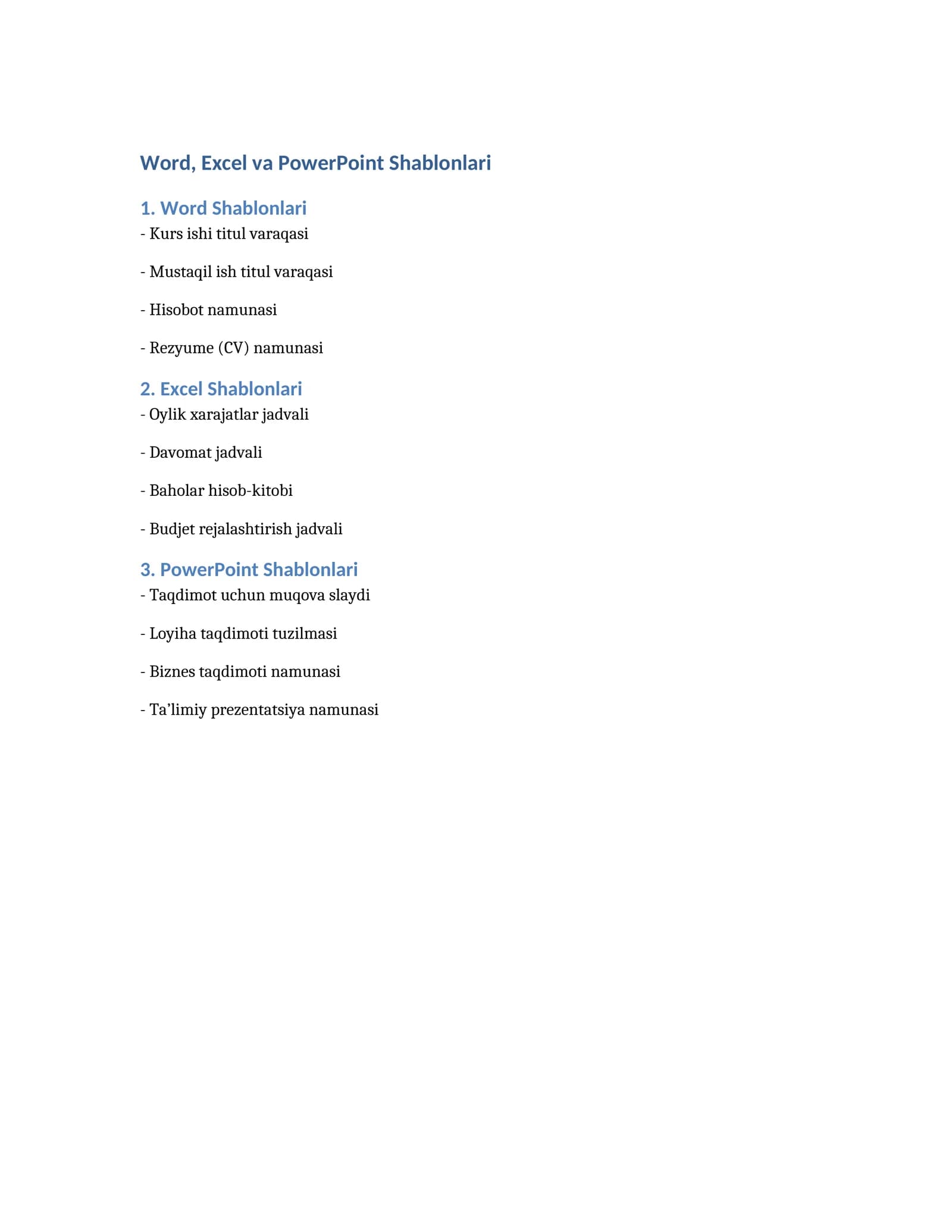 Word, Excel va PowerPoint Shablonlari