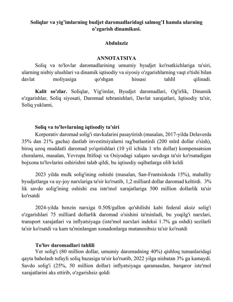 Soliqlar va yig’imlarning budjet daromadlaridagi salmog’I