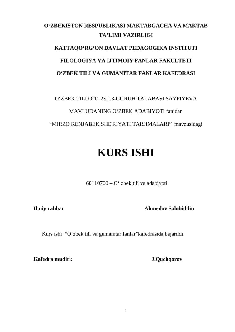 "MIRZO KENJABEK SHE'RIYATI TARJIMALARI" KURS ISHI