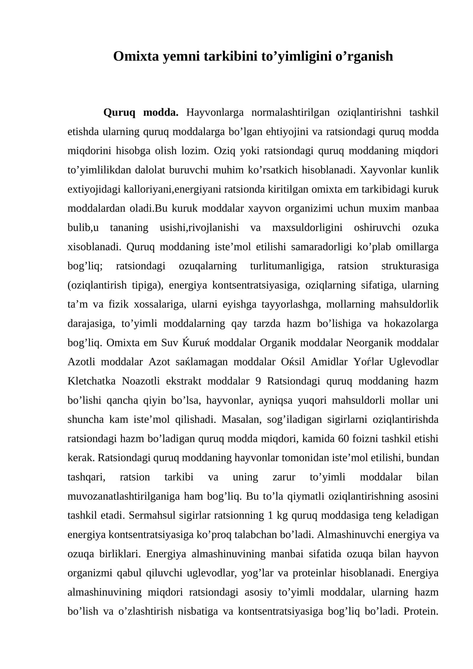 Omixta yemni tarkibini to’yimligini o’rganish