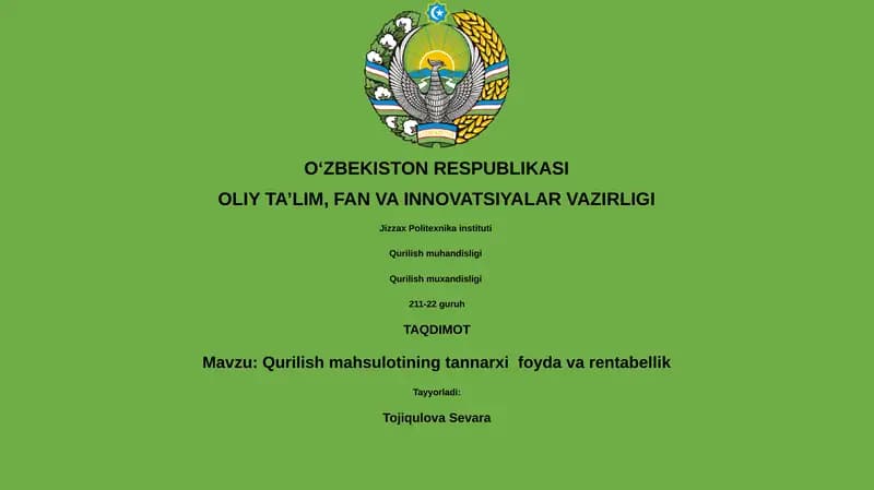 Qurilish mahsulotining tannarxi foyda va rentabellik