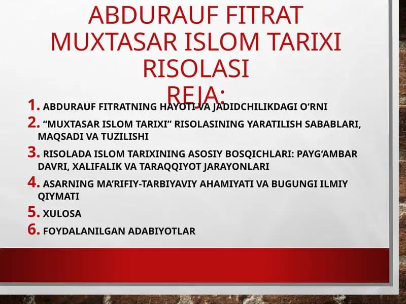 Abdurauf Fitratning "Muxtasar islom tarixi" risolasi