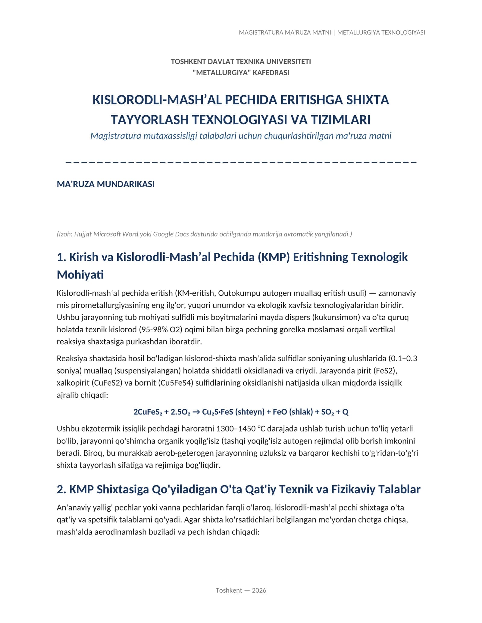 MAGISTRATURA MA'RUZA MATNI | METALLURGIYA TEXNOLOGIYASI